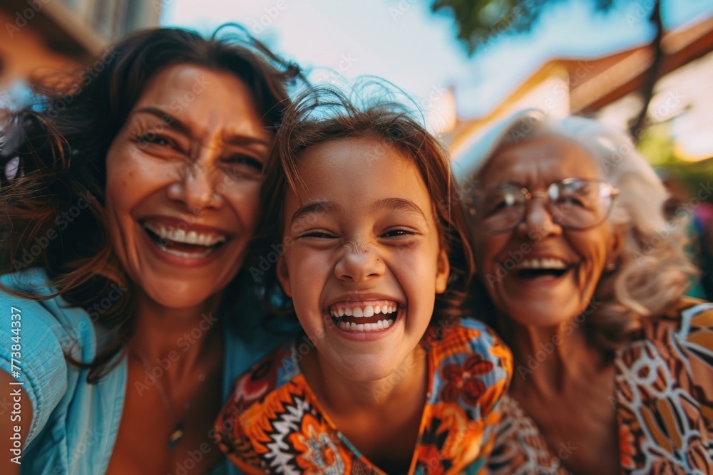 Smiling grandmother, mother, and daughter taking a playful selfie on a sunny day Smiling grandmother, mother, and daughter taking a playful selfie on a sunny day