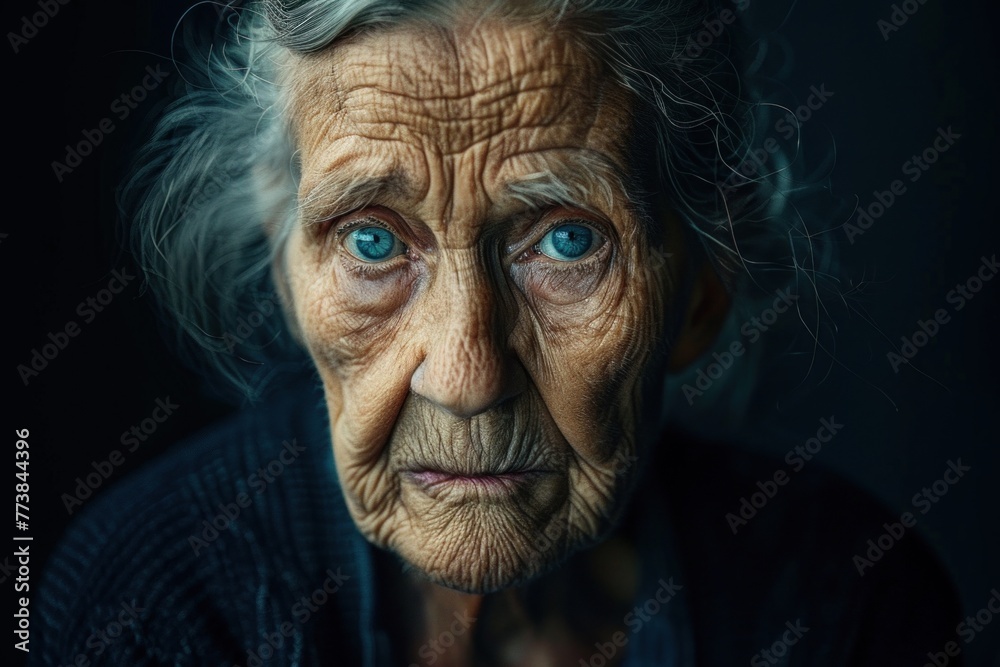 Close-up portrait of a senior woman with deep blue eyes and detailed wrinkles Close-up portrait of a senior woman with deep blue eyes and detailed wrinkles