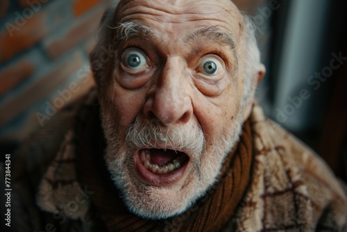 Senior man displaying a wide-eyed expression in close-up shot