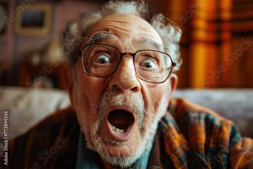 Close-up of an elderly man showing an expression of surprise and excitement