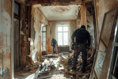 Two workers remove debris and renovate a sunlit, ornate room