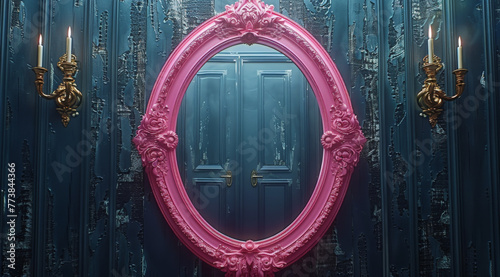 A pink framed mirror with a black frame