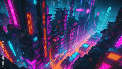 Top view of cyberpunk city, bird's-eye view, skyscraper landscape.