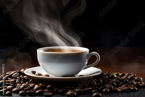 Inviting cup of hot coffee with steam curling above, surrounded by rich, whole coffee beans. Generative AI
