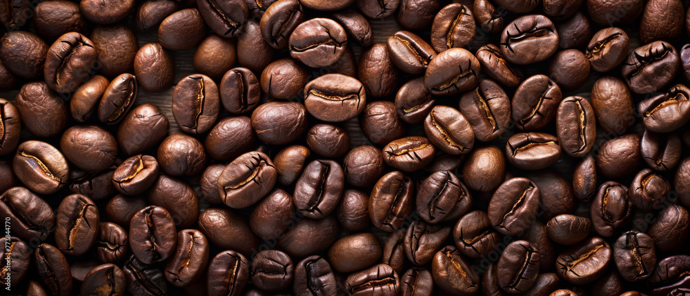 Fototapeta premium Roasted coffee beans on the table for background or design, top view.