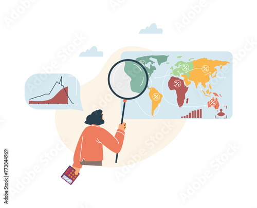 A young scientist analyzes a world map with statistical data on demography on a white background