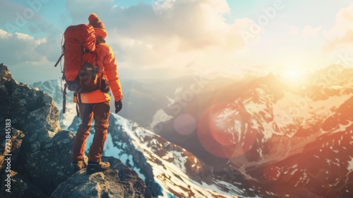 Man Standing on Mountain Top With Backpack