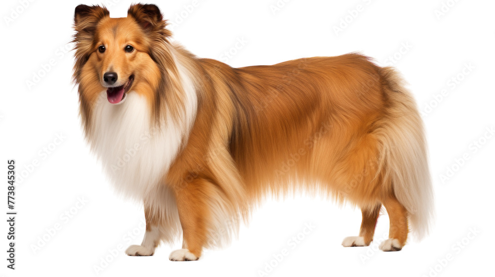 A brown and white dog curiously stands against a stark white backdrop A brown and white dog curiously stands against a stark white backdrop