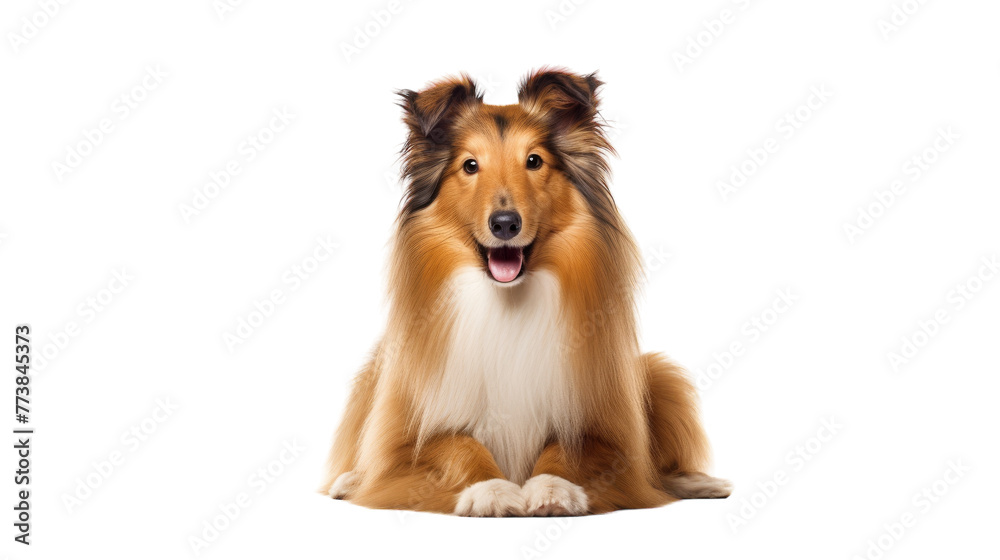 A majestic brown and white dog sitting gracefully on a pristine white floor A majestic brown and white dog sitting gracefully on a pristine white floor