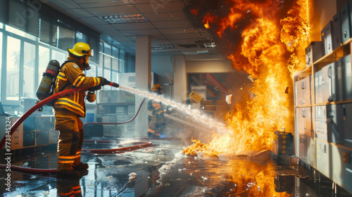 Firefighters extinguish a fire in an office. Fire in the business center.
