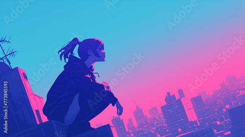 ビルの屋上に座る女の子　AI photo