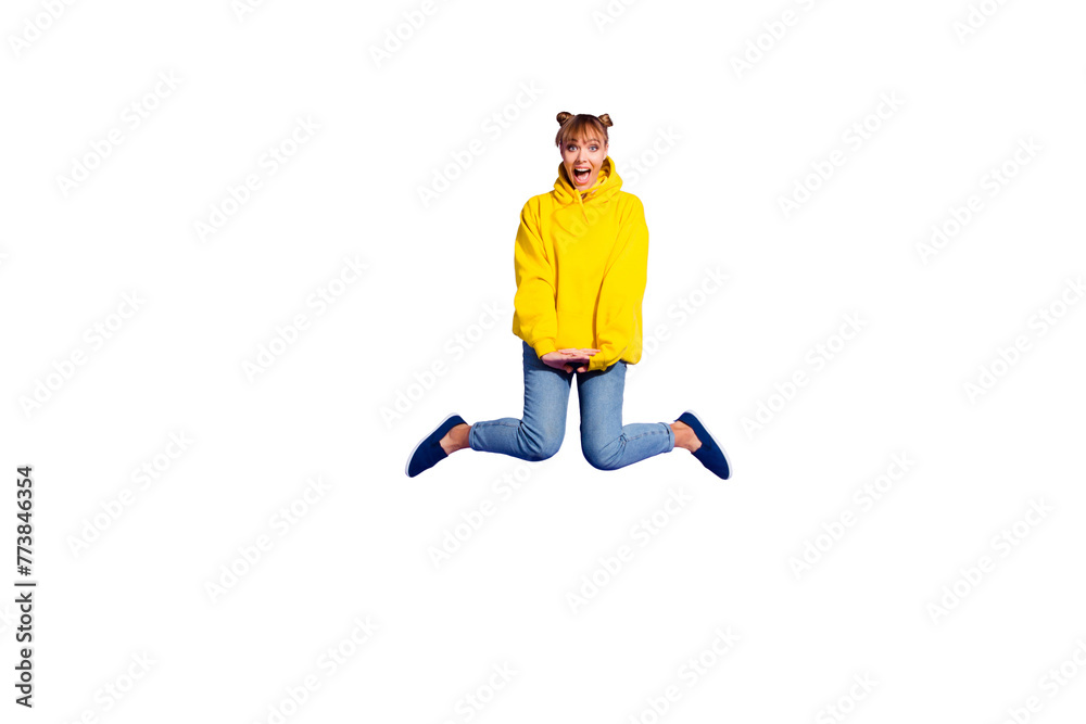Full length body size photo of jumping high crazy she her lady with pretty buns hairdo hands together yelling gladly legs separate wearing casual jeans yellow pullover isolated on purple background Full length body size photo of jumping high crazy she her lady with pretty buns hairdo hands together yelling gladly legs separate wearing casual jeans yellow pullover isolated on purple background