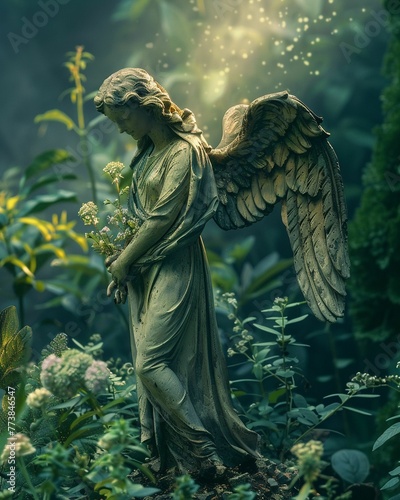 Angel statues, serene aura, in lush garden under moonlight, realistic, Rembrandt, Vignette