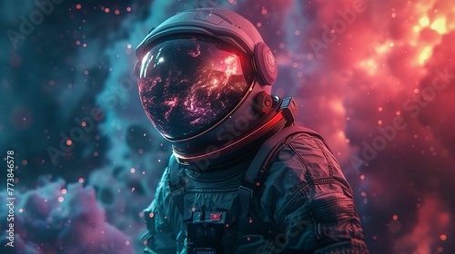 Astronaut, helmet, futuristic, observing the inhabitants of a parallel universe, surrounded by cosmic storms, realistic, backlighting, chromatic aberration