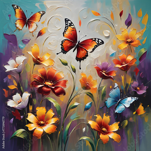 Painted Flowers and Butterflies Create a Colorful Tapestry of Nature's Beauty. 
