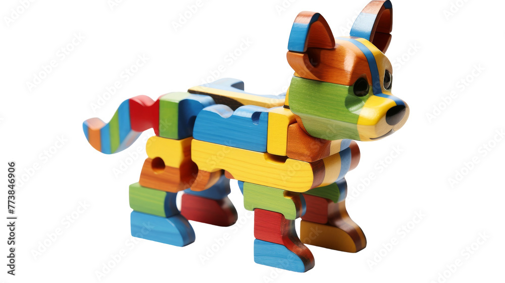 Delightful wooden dog toy resting on a clean white surface Delightful wooden dog toy resting on a clean white surface
