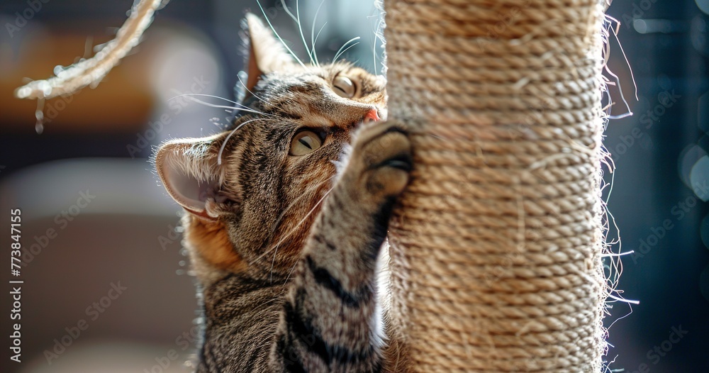 Cat scratching post, close-up, sisal texture, dynamic angle, essential, sharp focus.  - obrazy, fototapety, plakaty 