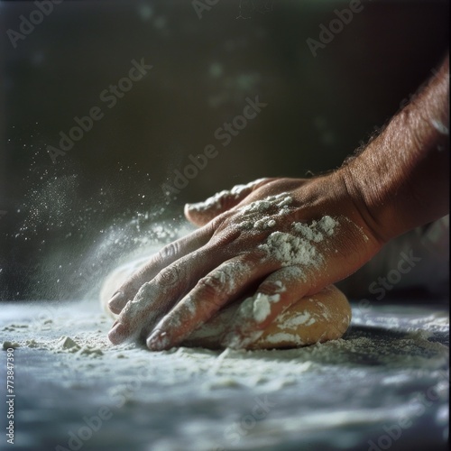 Baker s hands dusting flour on dough