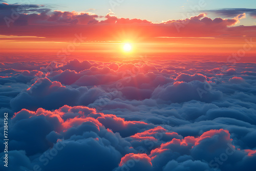 A colorful sunset sky over a blanket of clouds, creating a serene and peaceful atmosphere. Suitable for nature-themed content or inspirational messaging.