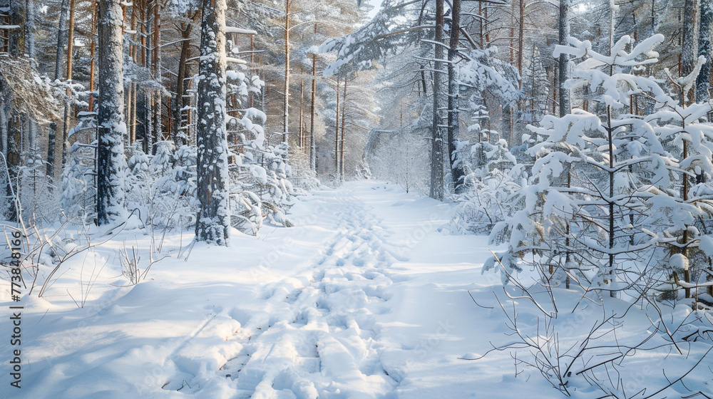 A winding forest path blanketed in fresh snow, with footprints leading the way and the promise of adventure around every corner on this crisp winter morning. Good winter morning! A winding forest path blanketed in fresh snow, with footprints leading the way and the promise of adventure around every corner on this crisp winter morning. Good winter morning!