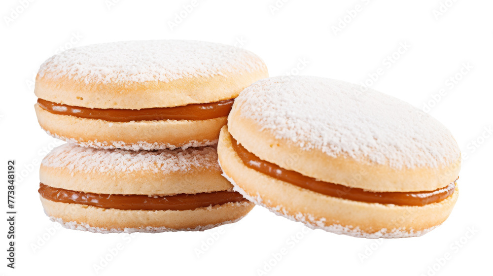 Three donuts are adorned with powdered sugar, perfectly displayed on a bright white background Three donuts are adorned with powdered sugar, perfectly displayed on a bright white background