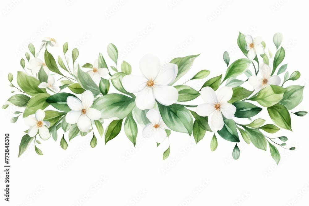 watercolor of jasmine clipart featuring delicate white flowers and green leaves. flowers frame, botanical border, floral frame, Foliage bouquet for wedding, stationery, invitations, cards. - obrazy, fototapety, plakaty 