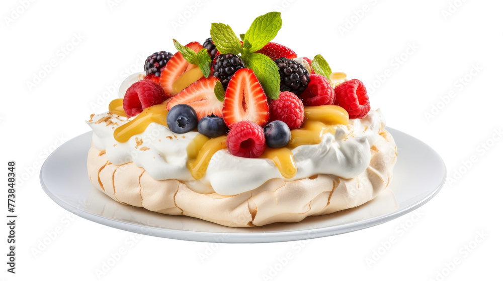 A white plate holds a decadent cake adorned with an array of fresh fruit A white plate holds a decadent cake adorned with an array of fresh fruit