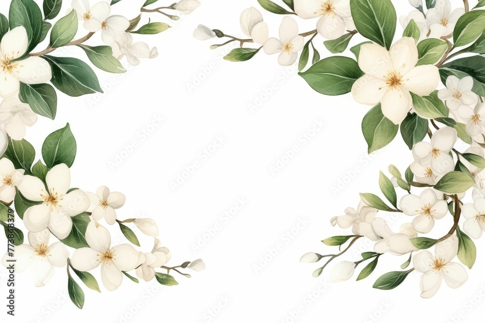watercolor of jasmine clipart featuring delicate white flowers and green leaves. flowers frame, botanical border, floral frame, Foliage bouquet for wedding, stationery, invitations, cards. - obrazy, fototapety, plakaty 