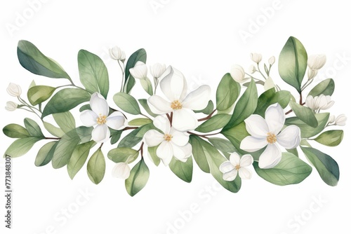 watercolor of jasmine clipart featuring delicate white flowers and green leaves. flowers frame  botanical border  floral frame  Foliage bouquet for wedding  stationery  invitations  cards.