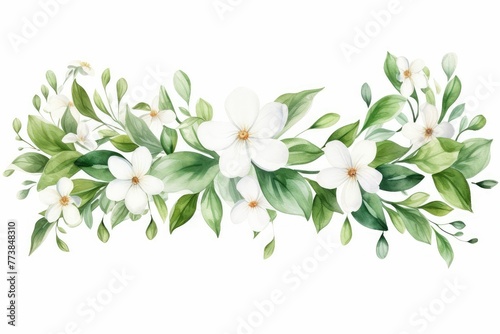 watercolor of jasmine clipart featuring delicate white flowers and green leaves. flowers frame, botanical border, floral frame, Foliage bouquet for wedding, stationery, invitations, cards. #773848310