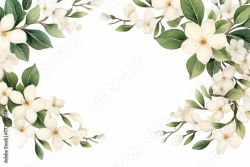 watercolor of jasmine clipart featuring delicate white flowers and green leaves. flowers frame, botanical border, floral frame, Foliage bouquet for wedding, stationery, invitations, cards. photo
