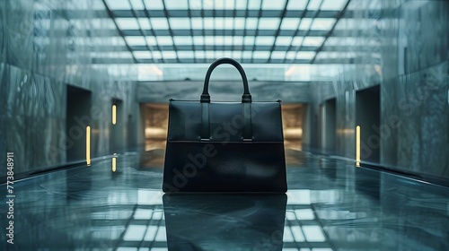 A sleek leather handbag takes center stage on a sleek glass table. Its minimalist design and flawless craftsmanship exude modern sophistication, casting subtle reflections in the ambient light.