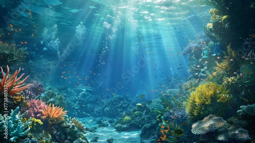 Sunlight Illuminating a Vibrant Coral Reef Underwater © Prostock-studio