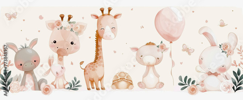 Illustration of cute baby animals including a bunny, giraffe, and others with soft colors, floral elements, and balloons.