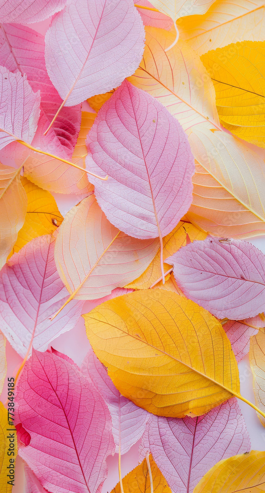 Pink and yellow leaves, color close up, light pink background. Nature autumn aesthetic. Cosmetic background.