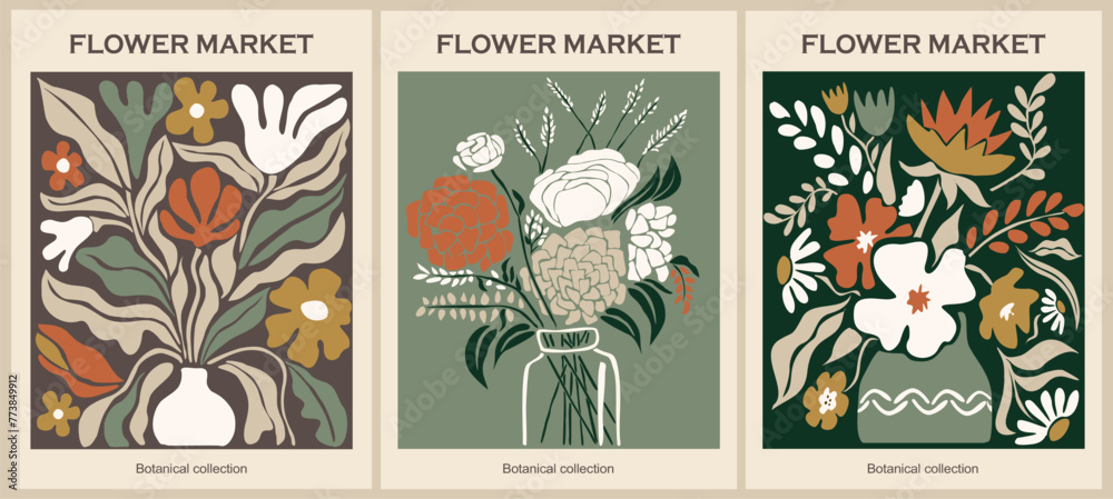 Set of abstract flower market posters. Trendy botanical wall arts with floral design in sage green colors. Modern naive groovy funky interior decorations, paintings. Vector art illustration.