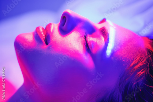 Close-up of a person s face bathed in neon purple and blue lights  highlighting sharp facial features and creating a dramatic effect.