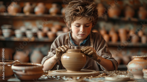 A focused kid enjoying the craftsmanship involved in pottery, shaping a ceramic piece on a wheel with happy dedication. Generative AI