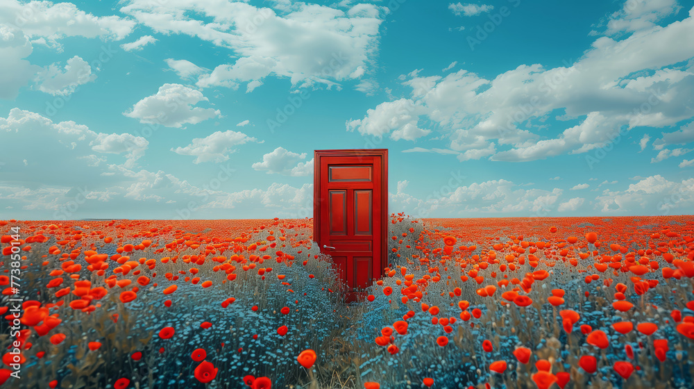 Fototapeta premium A vivid red door stands alone in the middle of a poppy field under a clear blue sky, symbolizing a concept of opening to nature. Generative AI
