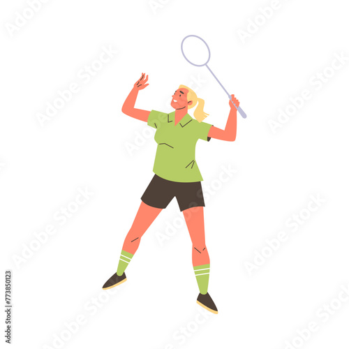 Professional badminton female player with racket in action, vector cartoon blond young woman in green uniform sport game © Kudryavtsev