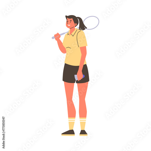 Badminton female player standing with racket on the shoulder and shuttlecock in hand, vector cartoon sport game break © Kudryavtsev