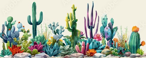 Colorful tropical plants cacti succulents in water. vector simple illustration