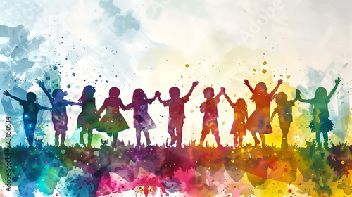 Happy abstract colorful watercolor silhouette many children with