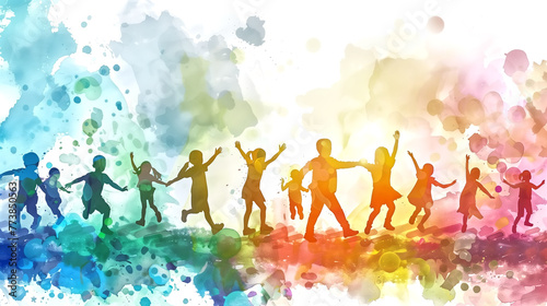 Happy abstract colorful watercolor silhouette many children with