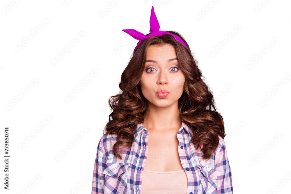 Portrait of nice cheerful cheery foolish sweet positive lovely adorable attractive playful mood lady wearing head band horns isolated over violet pastel background Portrait of nice cheerful cheery foolish sweet positive lovely adorable attractive playful mood lady wearing head band horns isolated over violet pastel background