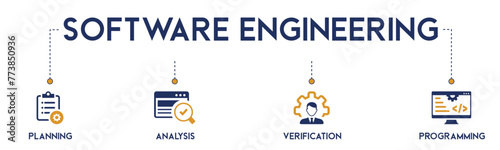 Software Engineering banner website icons vector illustration concept of with an icons of planning, analyze, verification, programming, validation, information technology, develop on white background