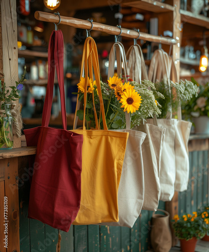 Mockup a row of blank colorful, organic cotton and hemp eco-friendly tote bags hung on display outside an organic home improvement store. A line of handbag