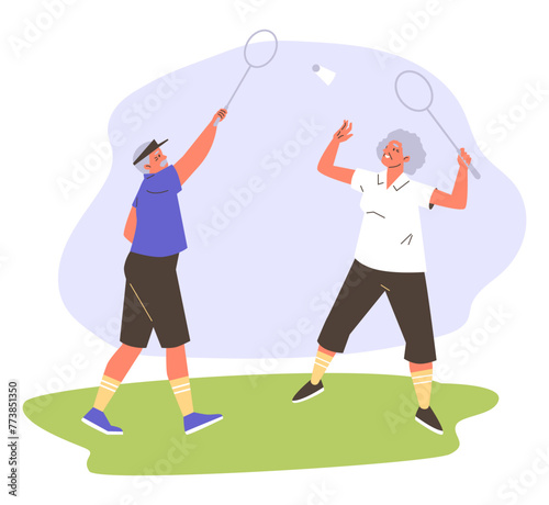 Active seniors playing badminton outdoors. Vector illustration.