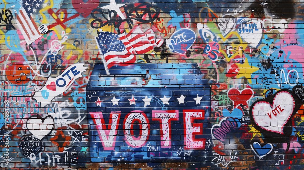 Obraz premium Graffiti wall art Vote ballot voting box red white blue us flag on urban suburb election America president patriotic USA polling voting freedom pride American street mural spray paint 