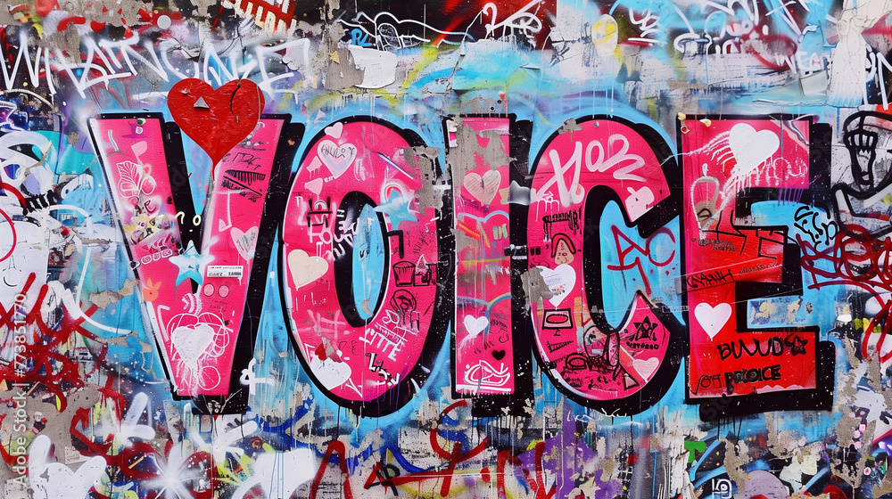 Naklejka premium Graffiti wall street art graphic word Voice in bright pink bold opinion speech world activism heart election advocacy empowerment diversity artist spray can paint mural design typography font banner